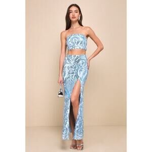 Lulus Flashy Fascination Light Blue Sequin Two-piece Maxi Dress - Size XS
